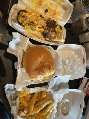 Chili cheese dog, classic single burger, fries with grilled onions and cheese