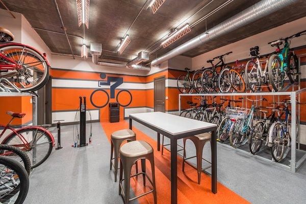 Bike room with storage and repair area