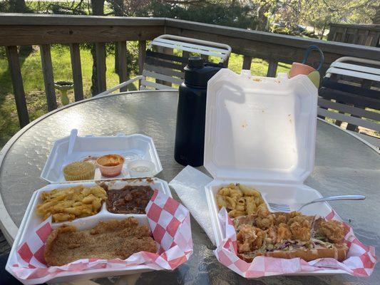 Cat fish fillet with sweet potatoes and mac. Shrimp Po' boy with mac.