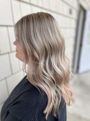 Blonde highlights with kisses of pink