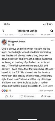 Margaret Jones believing god actually supports a dumb racist like herself