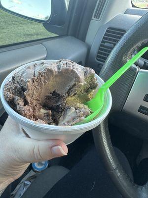 German chocolate cake on top and pumpkin ice cream on bottom.