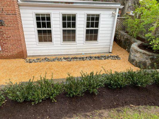 River Gravel Swale surrounded by pea gravel for proper water drainage.