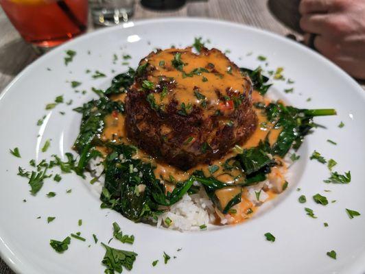 Crab cake over jasmine rice