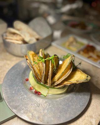 CRISPY EGGPLANT & ZUCCHINI labneh, cucumber, golden raisins