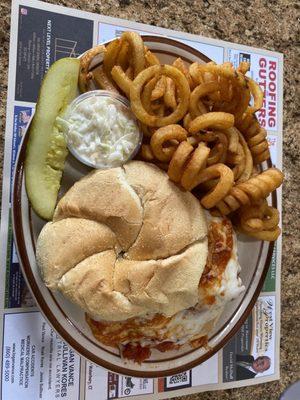 Chicken Parmesan with curly fries