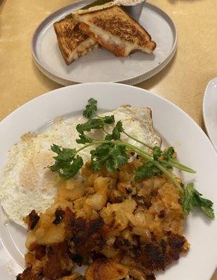 Eggs over easy and my friend's grilled cheese