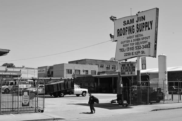 The sign in front of Sam Jin Roofing Supply.  http://flic.kr/p/bRxQST