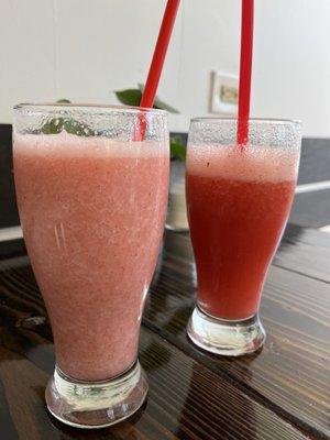 Banana Strawberry smoothie on the left. Strawberry smoothie on the right.