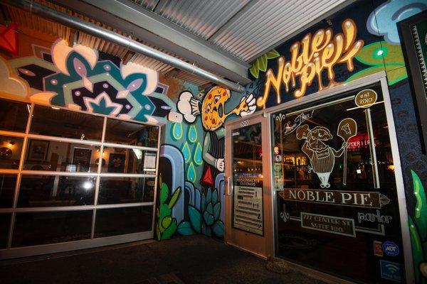 Exterior shot of Noble Pie Parlor in Midtown District Reno. Mural by local Reno artist Anthony Ortega.