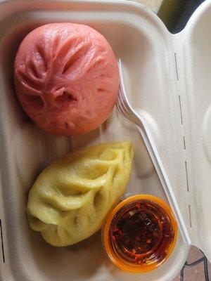 Beef bun and pork bun with chili oil at the West Seattle Farmers market