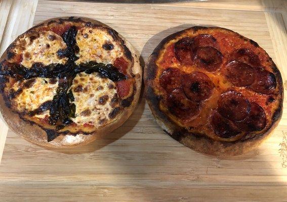 Amazing handmade crispy pizzas.  Left-Margherita pizza Right-upscale pepperoni