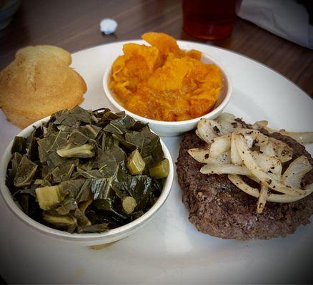 Hamburger steak...yep. Just hamburger with brown gravy on the side. Sweet potatoes and collards