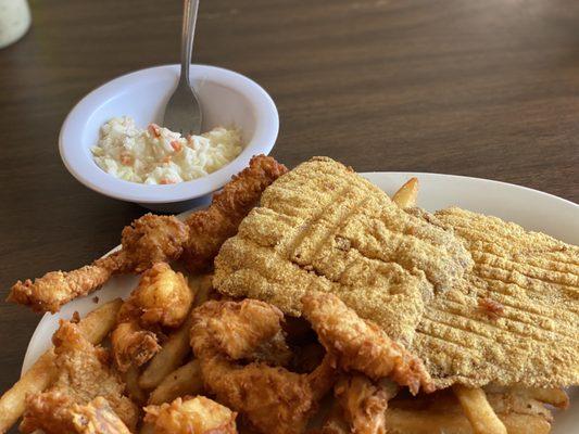 Coleslaw, alligator, shrimp and fish