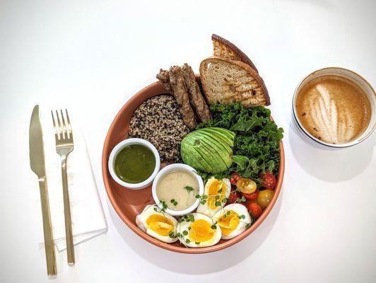 Brekkie Bowl - Quinoa, Kale, Medium Eggs, Avocado, Tomatoes, Turkey Sausage, GF Toast