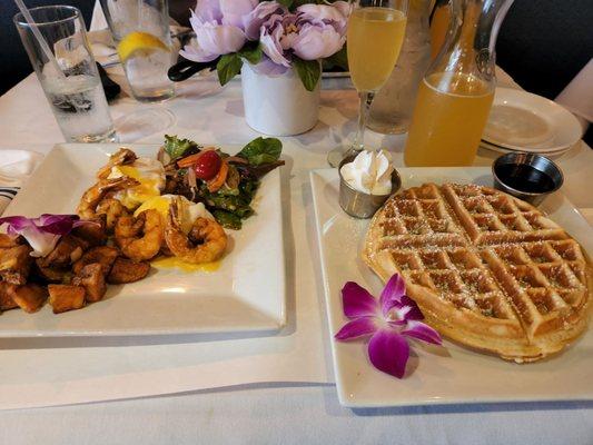 Waffles and shrimp benedict & such pretty hibiscus flower accent