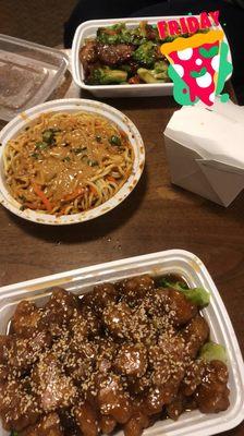 Sesame Chicken, Sesame Noodles without chilies, and Roast Pork Brocoli