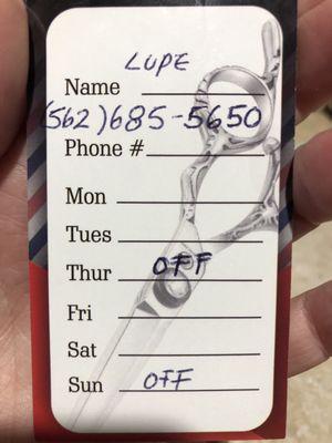 Back of Lupe's card with phone number