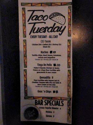 Full menu and taco Tuesday menu!