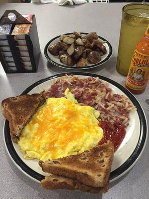 Scrambled eggs and corned beef hash!