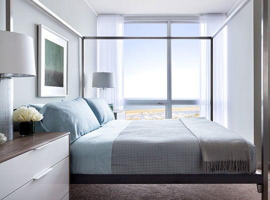 A bedroom in one of the condos at Adler Place