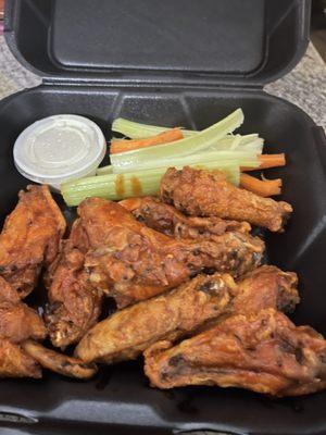 10 hot Buffalo wings, blue cheese dressing with carrots and celery sticks.  Get in ma belly!!