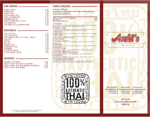 Archi's Thai Kitchen Menu