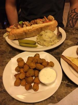 Fried okra, real mashed potatoes, and shrimp poboy.