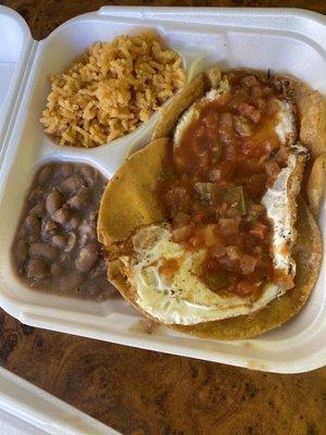 Huevos Rancheros with rice and beans! Delicious!!