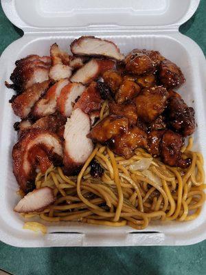 Bbq pork, orange chicken and chow mein noodles.