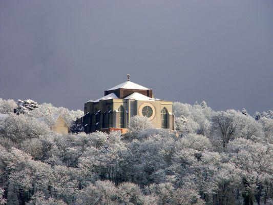 The cathedral in the snow, viewed from Lake Union