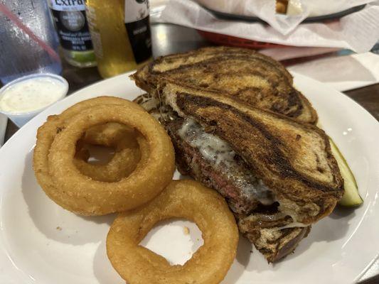 Patty melt with Onion Rings