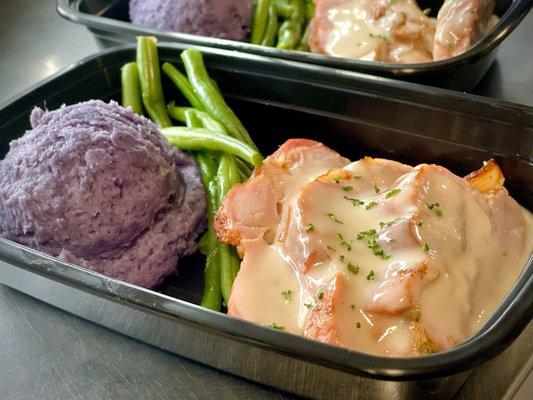 Bacon Wrapped Turkey Medallions with Saute French Beans and Okinawan Sweet Mashed Potato