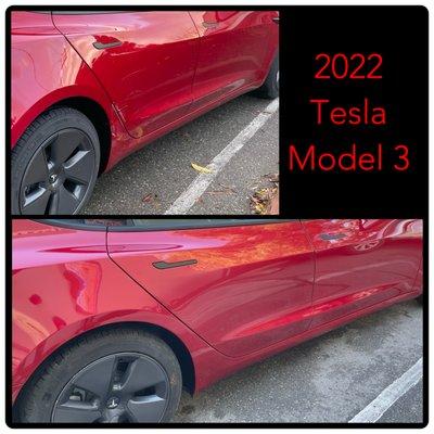 2022 Tesla Model 3. Passenger quarter panel and rear door repair (3 stage red candy paint finish).