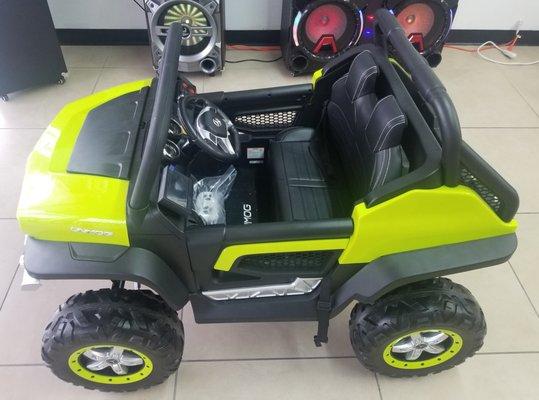 battery powered kid mobile with a speed of 3 miles/hour. Dual Control System i.e. Acceleration Pedal & Remote Control