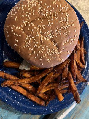 Burger and sweet potato fries yummy