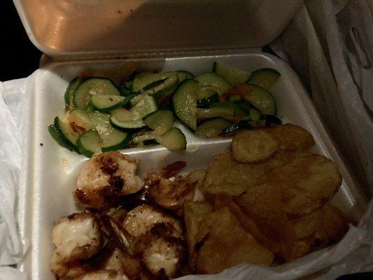 Grilled shrimp, veg & chips (subbed instead of rice)