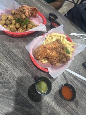 Fried Lobster Tail with French Fries and okra