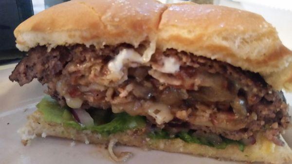 Inside view of the Stuffed Purdy Burger...mushrooms, onions and cheese...delish!