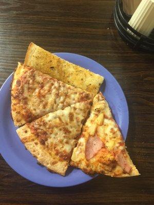 bread stick, cheese pizza, and pineapple- ham pizza