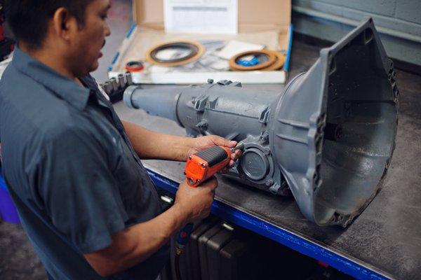 Efrain finishing up this C4 transmission for a 1966 mustang.