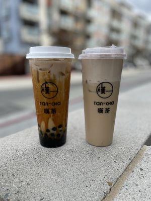 Brown Sugar Milk Tea with Boba, Red Jade Milk Tea with Tiramisu Foam