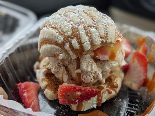 Mini Concha Ice Cream Sandwich with Horchata Ice Cream and a Dulce de Leche Drizzle