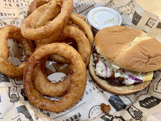 Carolina Burger with onion rings and side of ranch