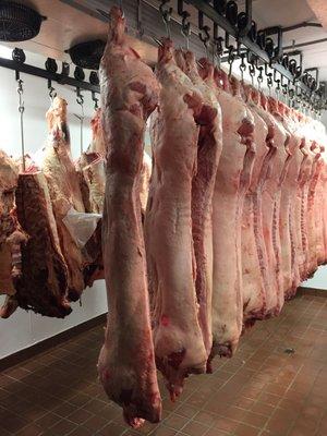 Hanging meat! This is amazing they still do this. Great operation. Clean. Old school.