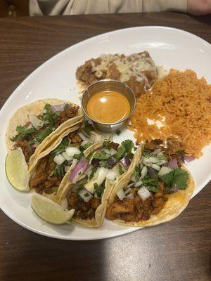 Tacos de berria. With beans and rice.