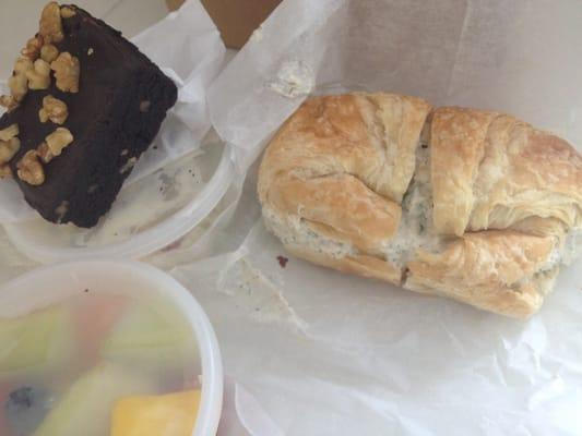 Chicken Salad Sandwich box lunch. With mixed fruit, potato salad and a brownie.