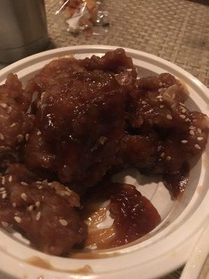 sesame chicken. The worst I have ever seen/ couldn't eat it. Furthest from fresh hot and crispy. The sauce is even congealed.