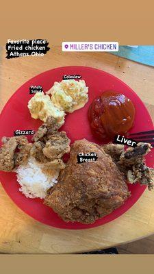 5/13/2021. 9 pcs chicken $14.95. Liver, gizzard, potato salad, coleslaw