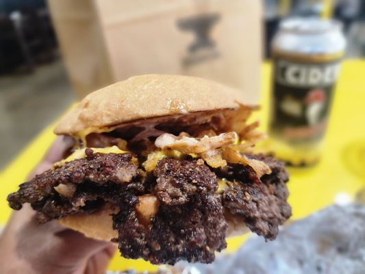 Outback Smash weekly burger special (blooming onion burger: double beef patties, American cheese, fried onions, and Aussie sauce)